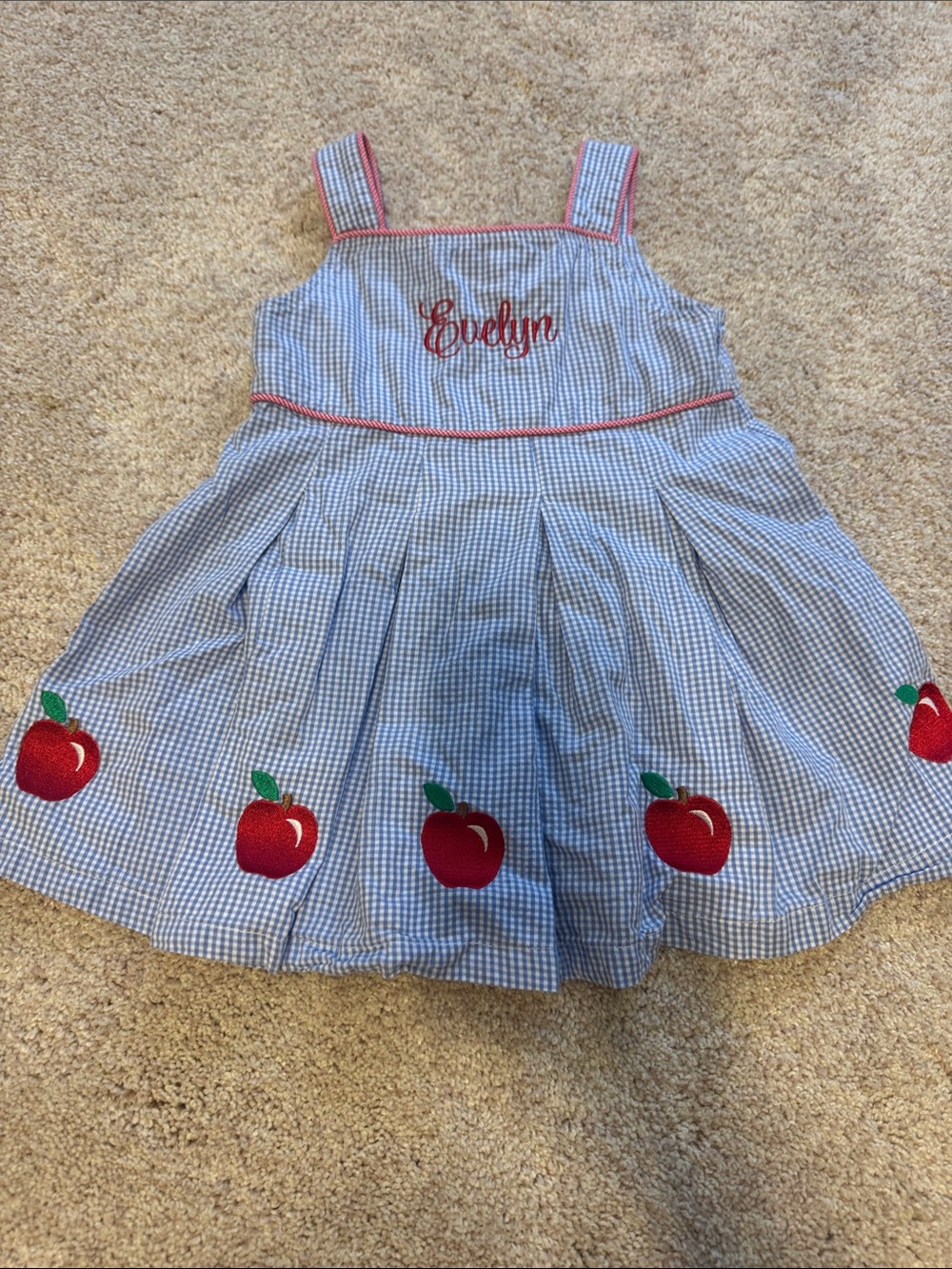 Personalized Blue Gingham Apple Embroidered Girls' Dress
